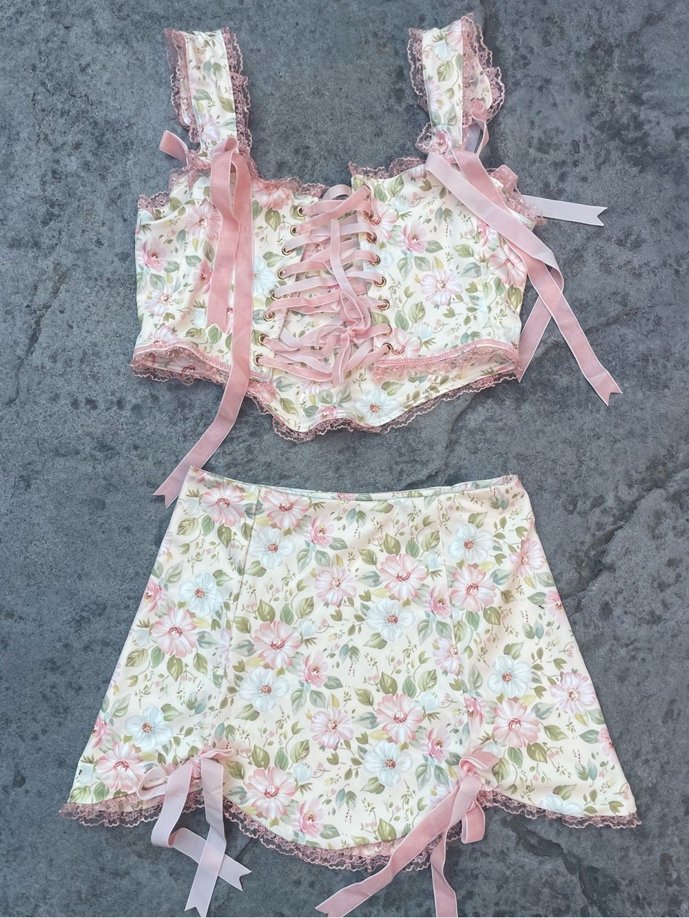 Floral Cottagecore Corset Top Mini Skirt 2 piece Set Pink Lace Co-Ord XS–S - Picture 7 of 7